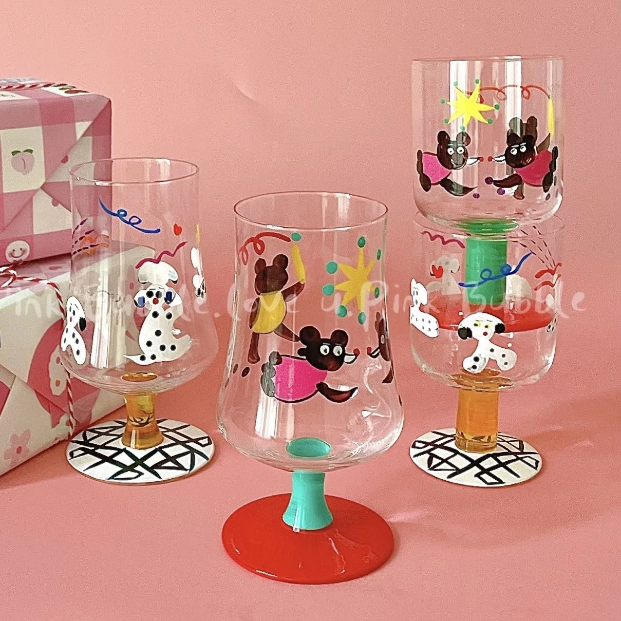 

Cute Cartoon Bear Cup Hand Drawn Goblet Wine Glass Ice Cream Desert Cup For Home Party Restaurant