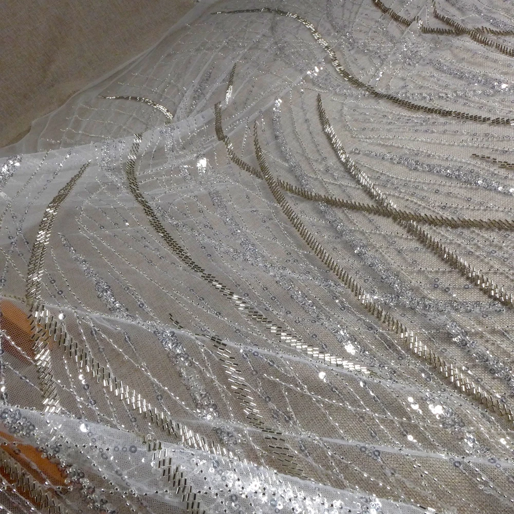 HelluyerDc Silver,black,gold Irregula lines heavy beaded lace fabric, embroidery for wedding prom dress fabric by the yard view 3