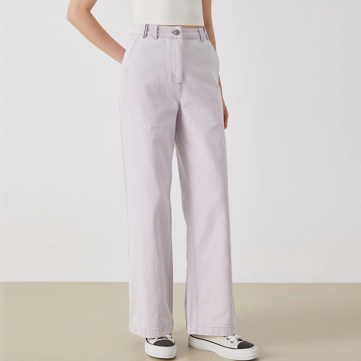 

K3138L Elegant Women's Denim Pants 100% Cotton Luxury Casual Wear Straight Wide Leg Trousers