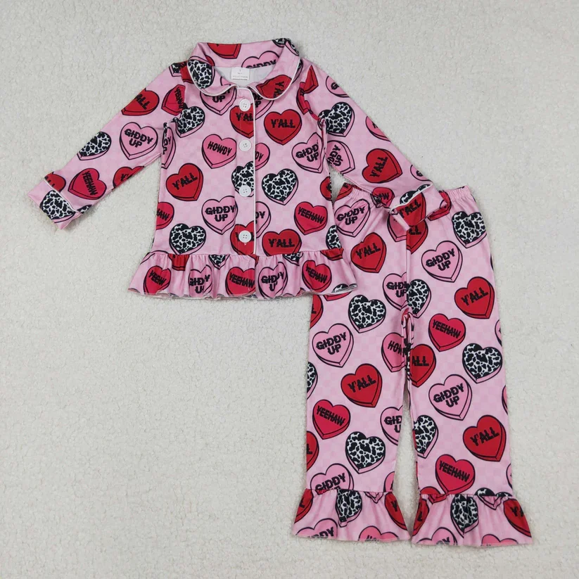 

Wholesale baby girls pajamas clothes Valentine Letter Love Pink Plaid Button Long Sleeve Trouser Pajama Set