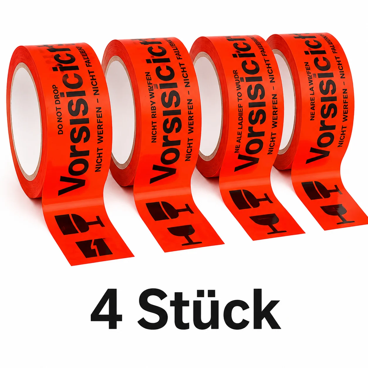 48 mm x 66 m Klebeband "Vorsicht Glas" – 4 Rollen Warnband für zerbrechliche Pakete – Stark haftendes Paketband