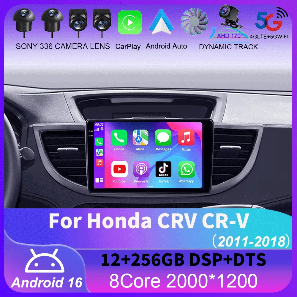 Android 16 Carplay Auto para Honda CRV CR-V 2011-2018, Radio para Auto, Reproductor Multimedia de Video, Navegación GPS, Sin 2Din, 2 Din, DVD, DSP, 4G