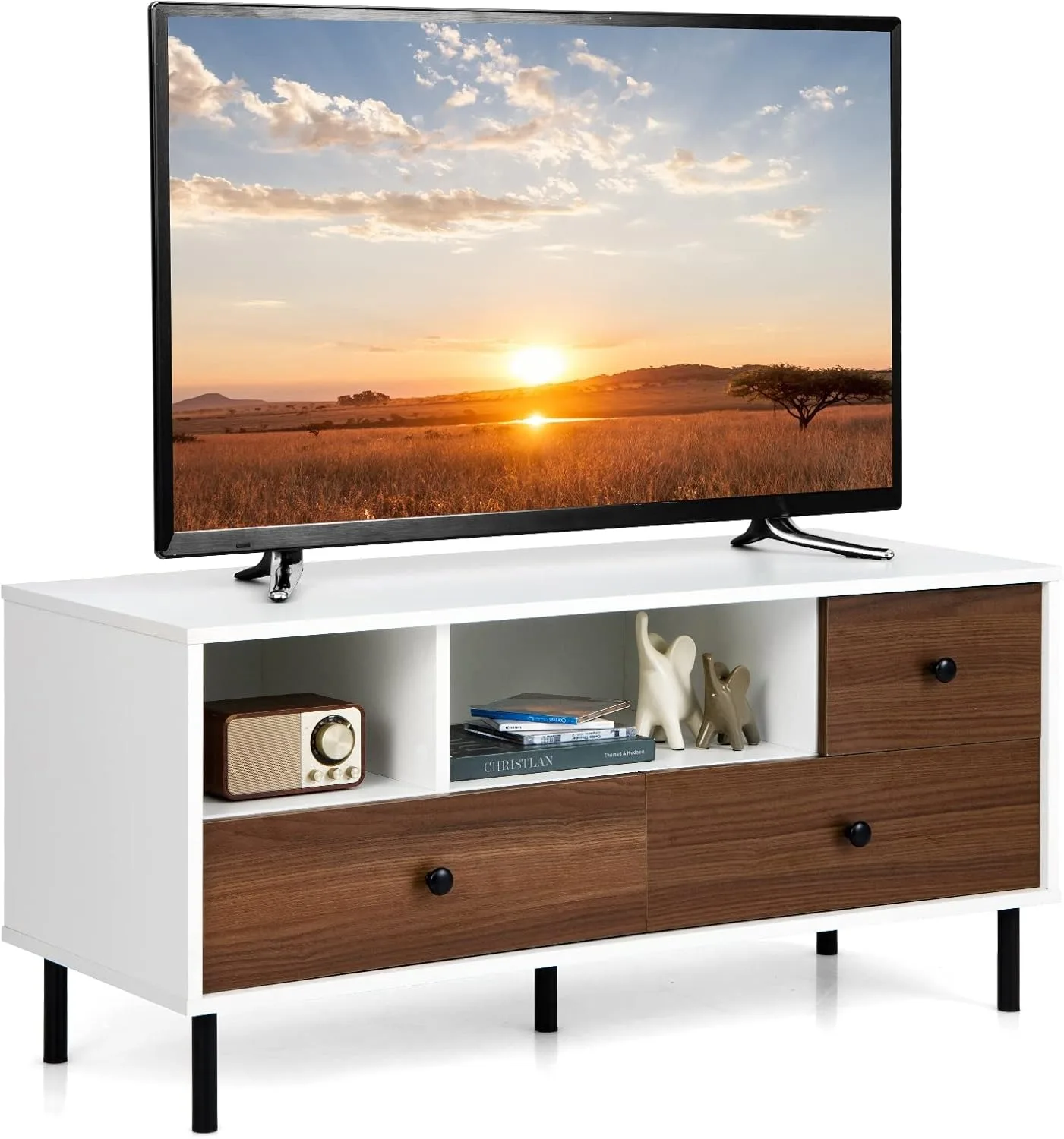 

Mid Century Modern TV Stand, Entertainment Center TV Console with 2 Open Compartments & 3 Pull-Out Drawers, 5 Solid Metal L