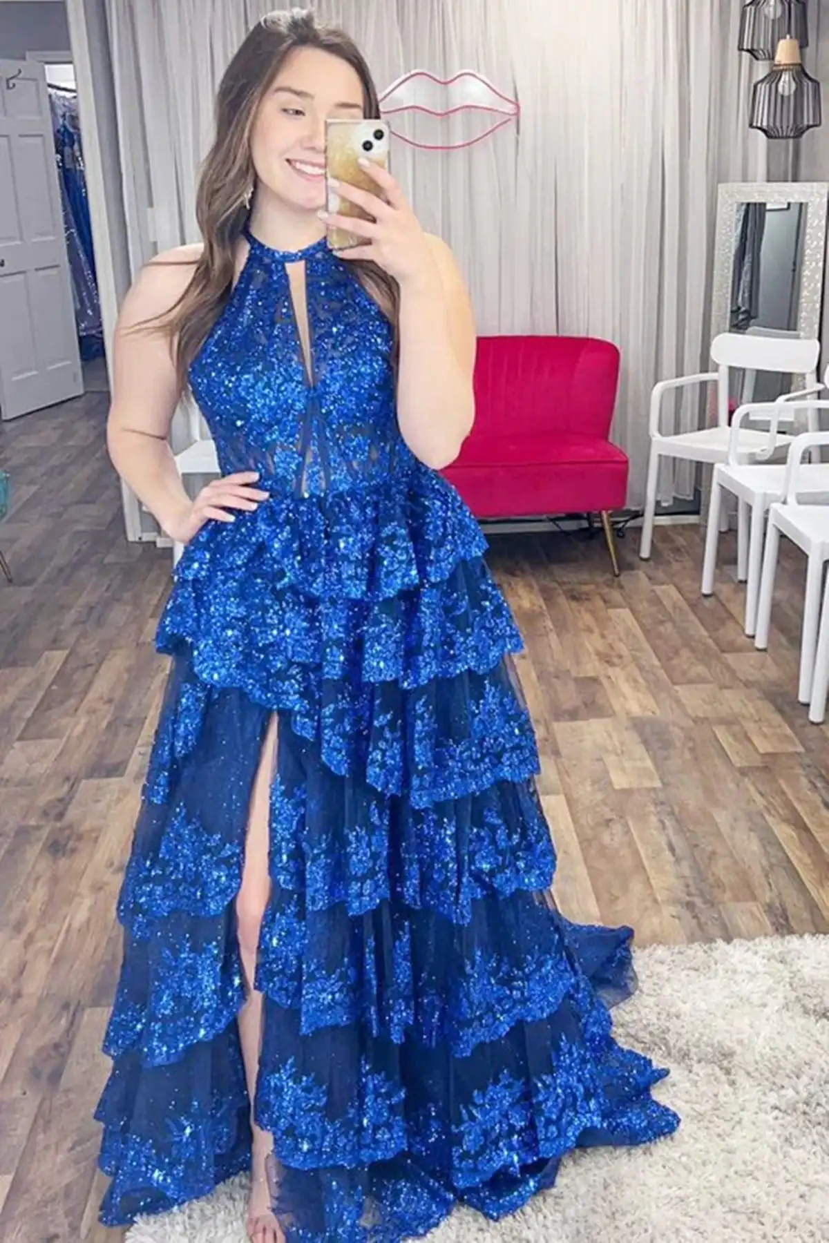 High Halter-Neck Tiered Ruffles Prom Dresses With Split Lace Appliques Sleeveless Corset Evening Gowns A-line Long Ball Gowns