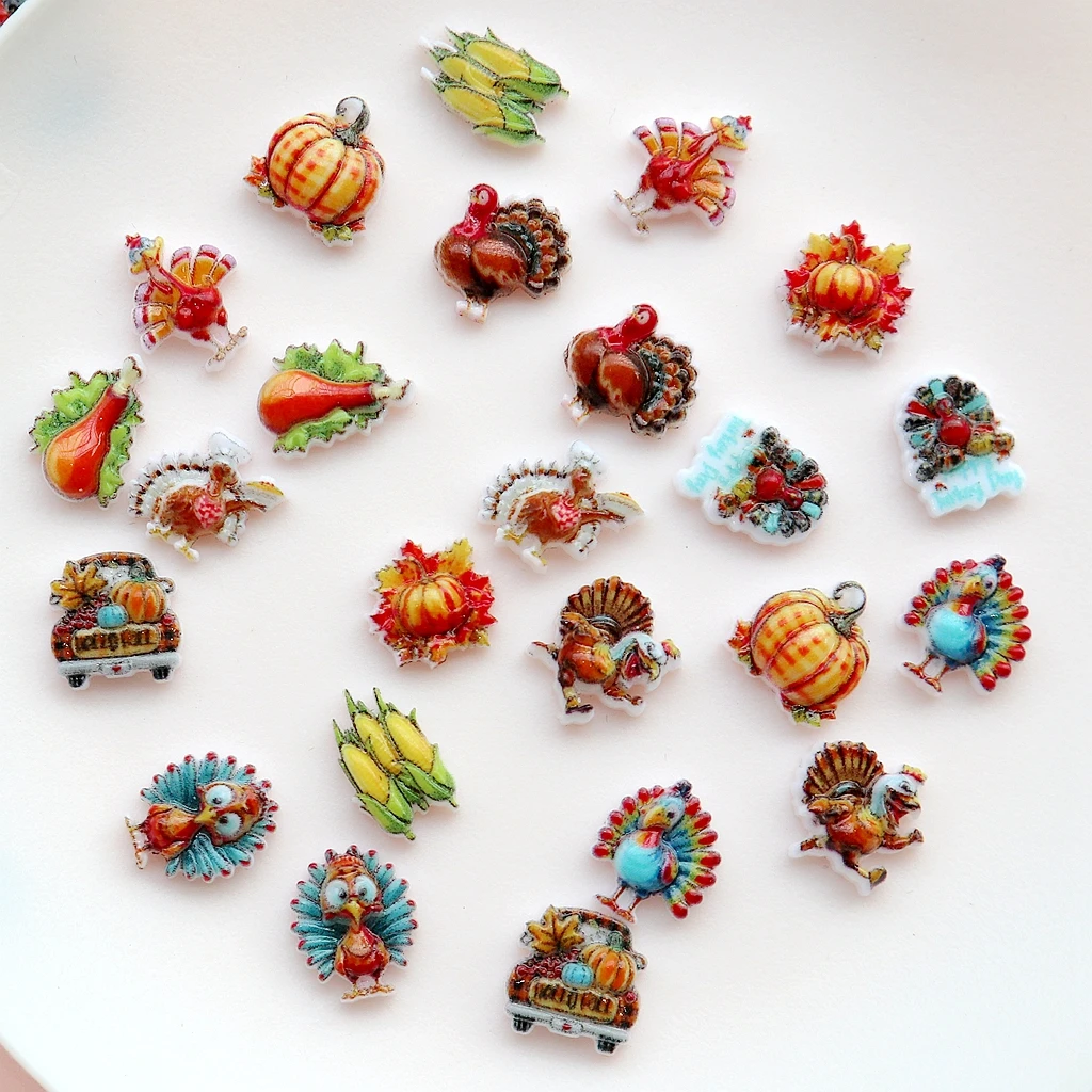 30 Cartoon Mini Mixed Turkey Pumpkin Car Resin Cabochons, DIY Nail Art Phone Case Hair Clip Scrapbook Thanksgiving Accessories