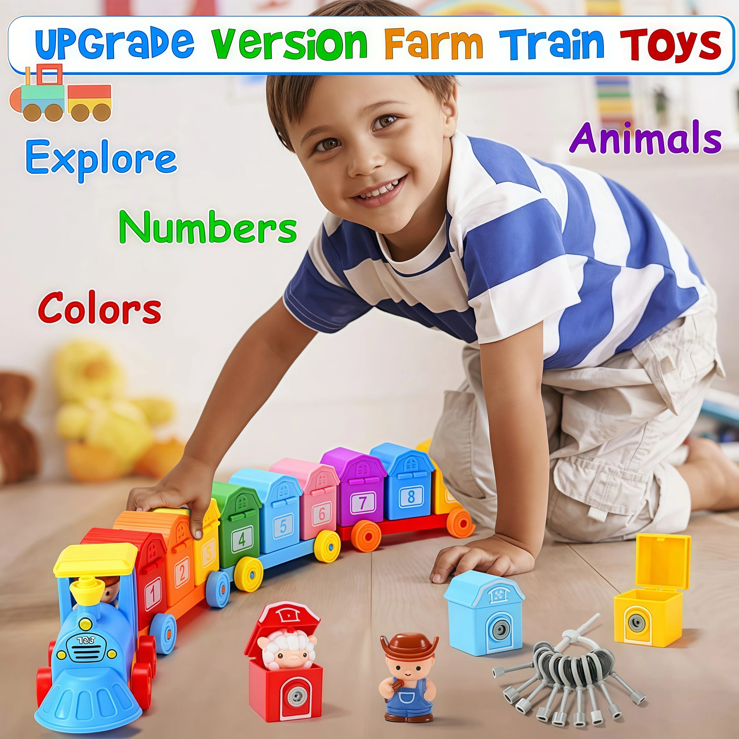 Giocattoli per l'apprendimento del bambino Set di treni per animali da fattoria con burattini da dito, giocattolo di abbinamento dei colori Sblocca i giocattoli di conteggio del gioco della motoria fine Barns