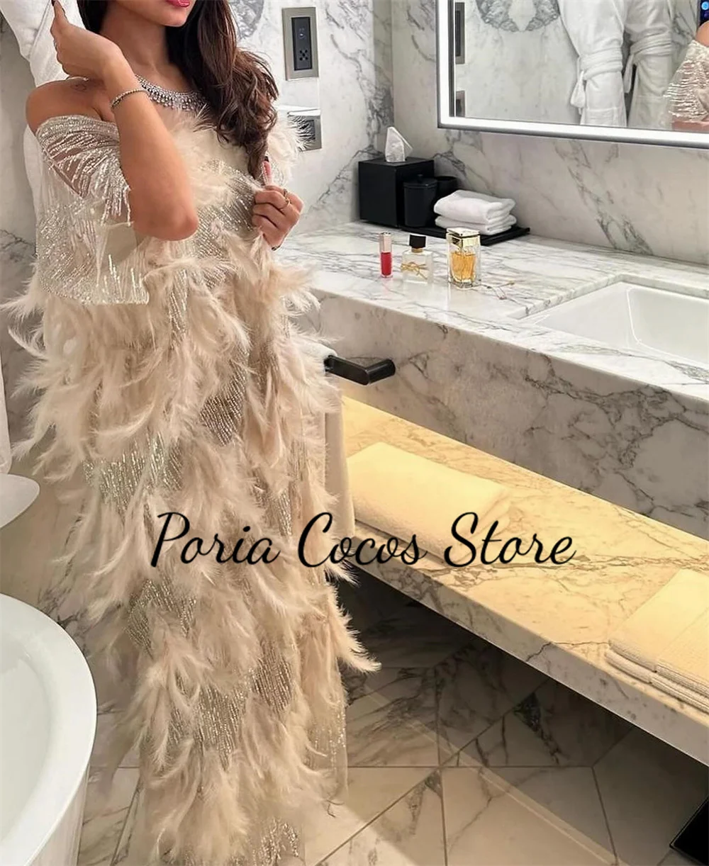 Customized Luxury Prom Gown Feather Exquisite Evening Dresses Straight Strapless Pleat Temperament Party فساتين للحفلات الراقصة