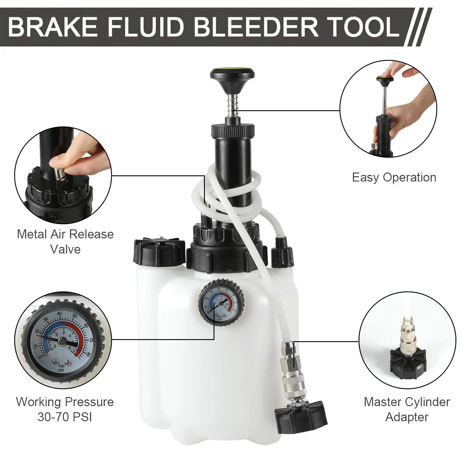 3L Manueller Bremsflüssigkeits-Entlüfter & Kupplungsöl-Wechselkit Professioneller Drucktester mit Doppelskala-Manometer für Ein-Personen-Bedienung – Detail 2