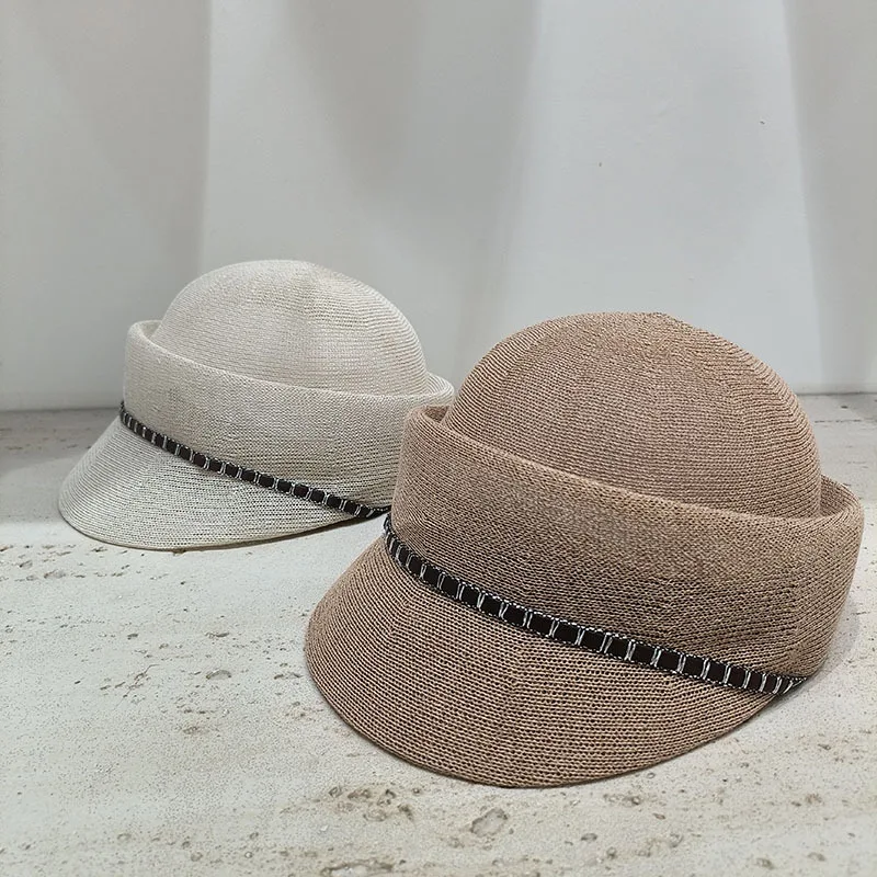 

Women‘s Summer Cap Linen Leather Belt Chain Sun Cap French style Straw Beret Stewardess Hats Ladies Travel Visor Cap Pillbox Hat