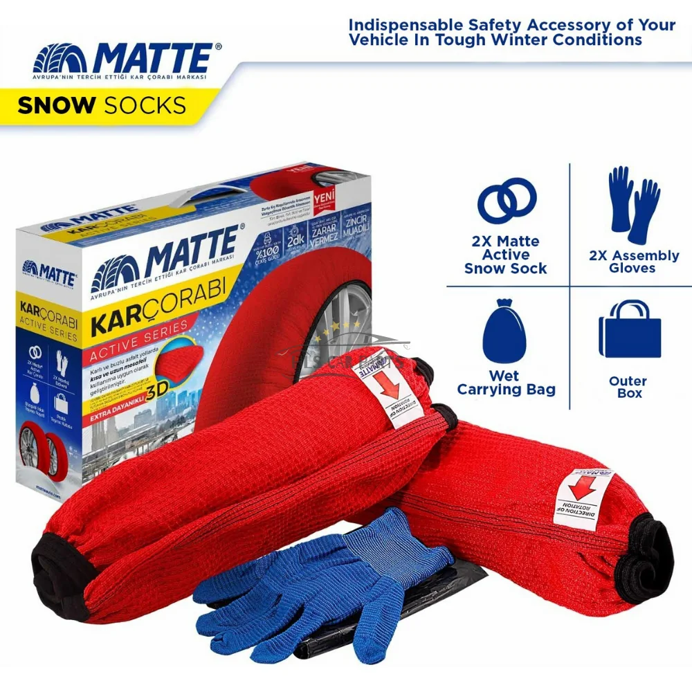 Car Snow Tire Socks for Winter Easy Grip - Active Series (Textile Snow Chain - For Safe Driving on Snowy & Icy Road)