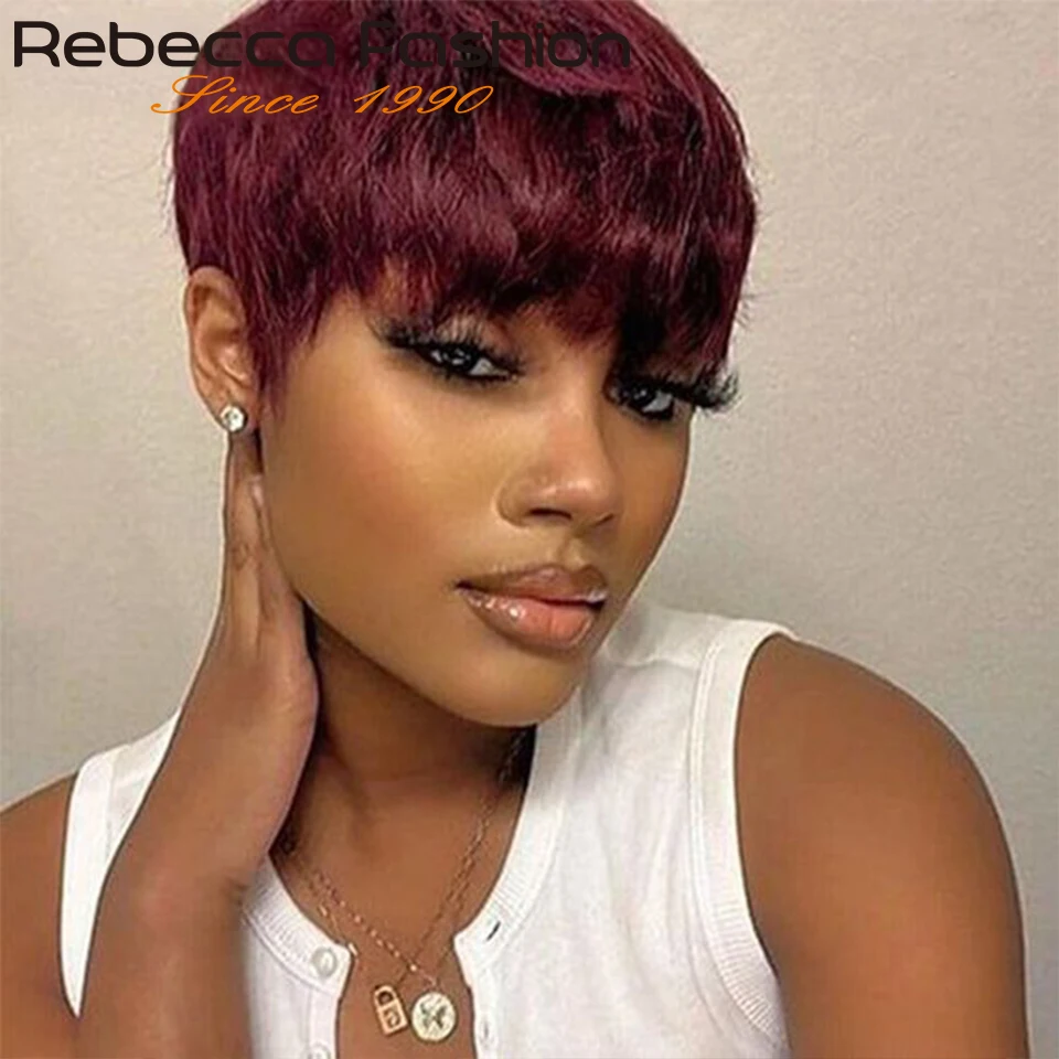 99J Colored Short Straight Bob Pixie Human Hair Wig With Bangs Fringe For Women Brazilian Remy Hair Burgundy Red Bob Wigs