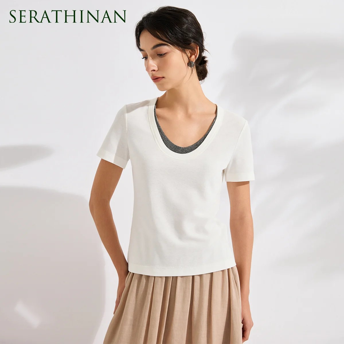 

KX9613672 Designer Lyocell Cotton T-Shirt Elegant Crewneck Tee Women's High Grade Slim Fit Luxury Soft Basic Tops