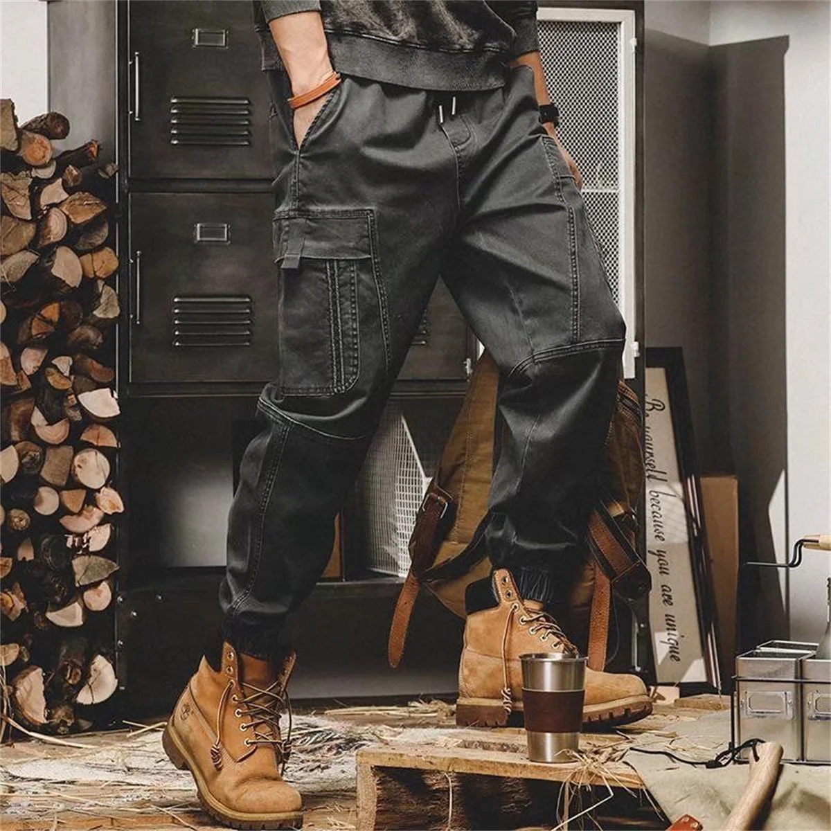 Schwarze Hip-Hop Cargo-Hose für Herren, Vintage Japanischer Streetwear-Stil mit Taschen, Lässiger Safari-Look, Weite Passform – Detail 7