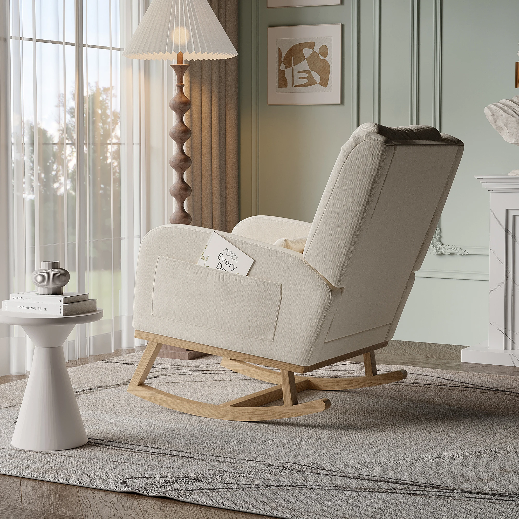 Schaukelstuhl mit massivem Holzgestell, geeignet für Wohnzimmer, Schlafzimmer, Balkon und Garten (Beige, 68 x 93 x 96 cm) – Detail 2