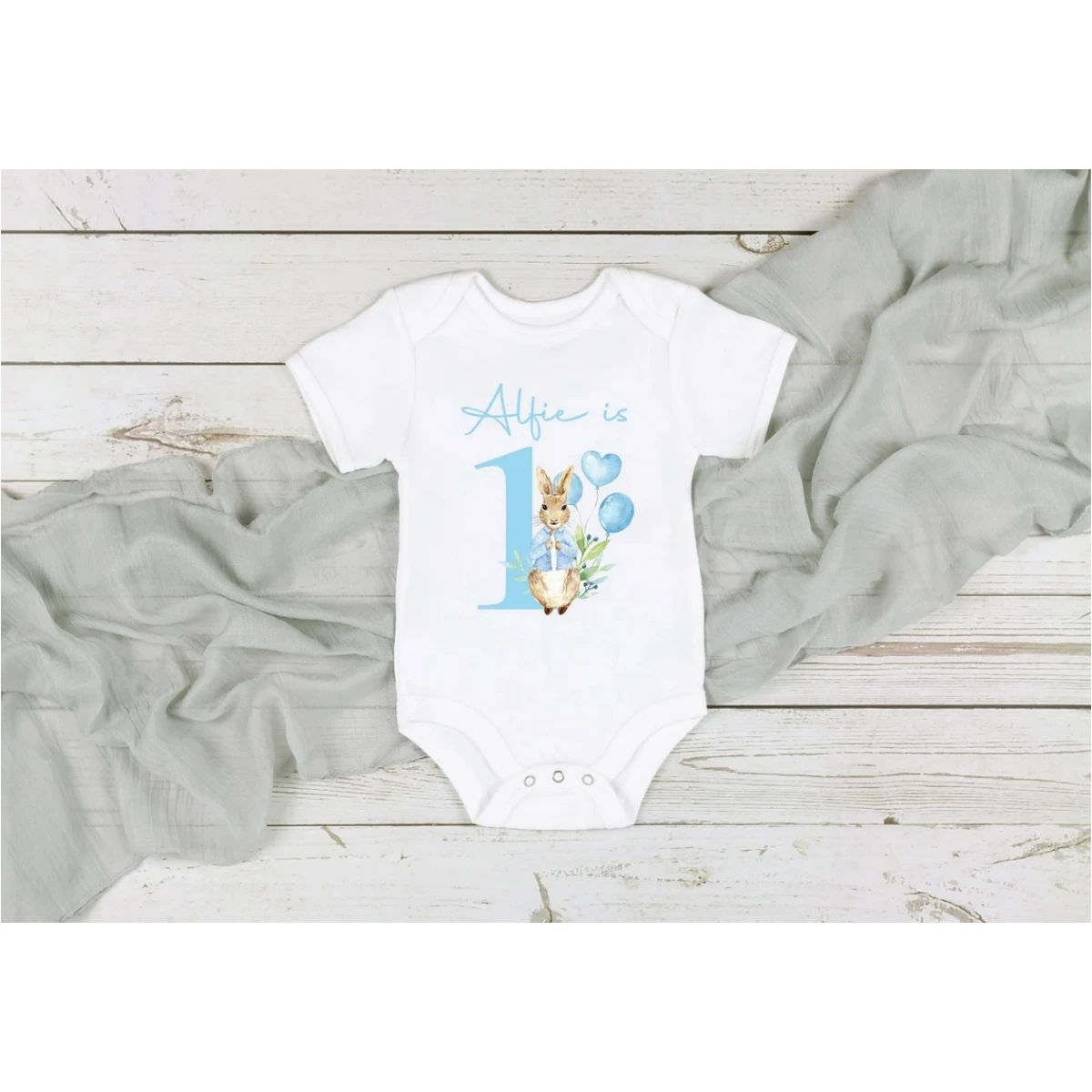 Personalised Classic Blue Rabbit Birthday Vest/Bodysuit or T-Shirt (I am One, Two, Three Cake Smash | First 1st boys birthday Pa