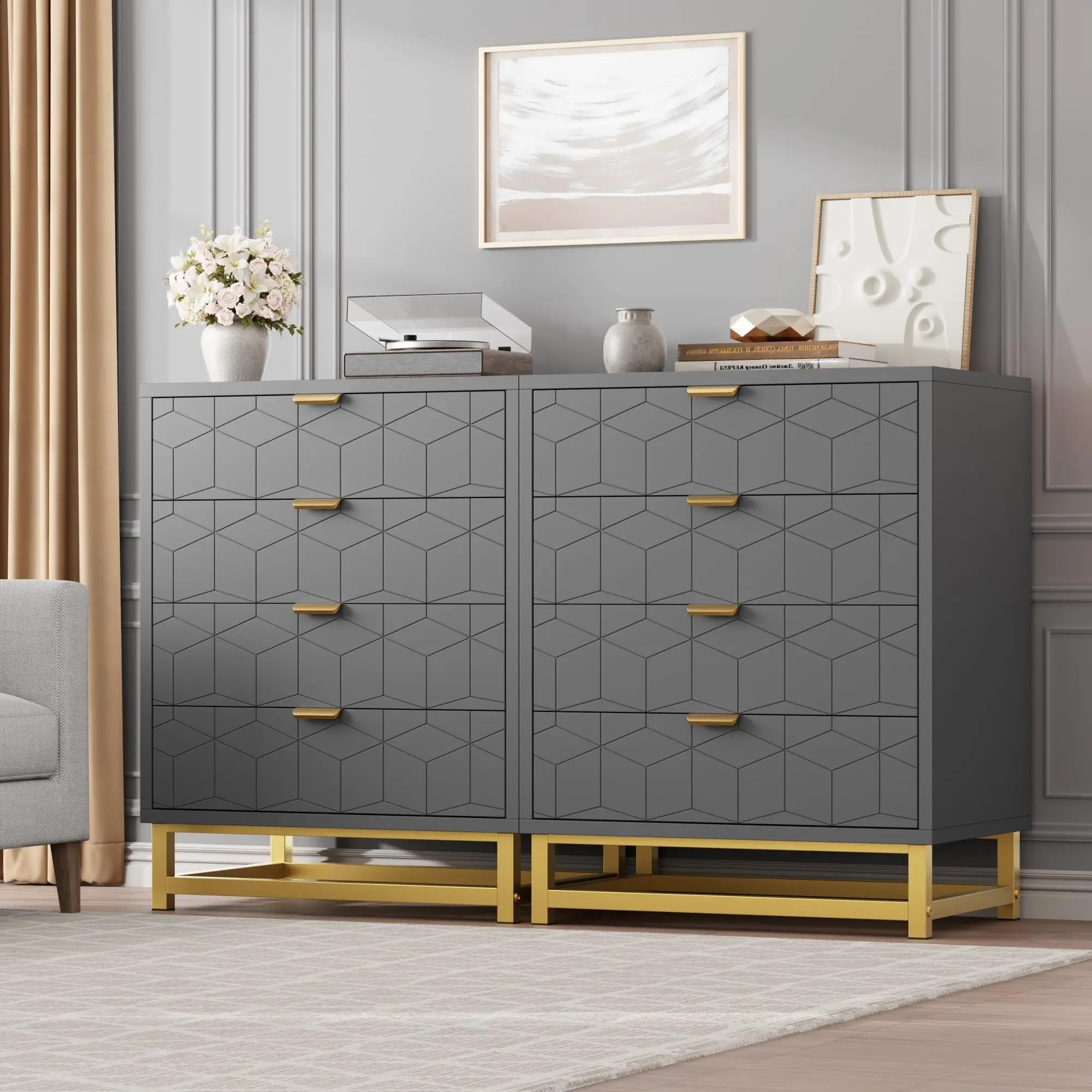 Commode 4 tiroirs de rangement, façade grise losange, MDF peint, 60x42x87.8cm, pour chambre et dressing