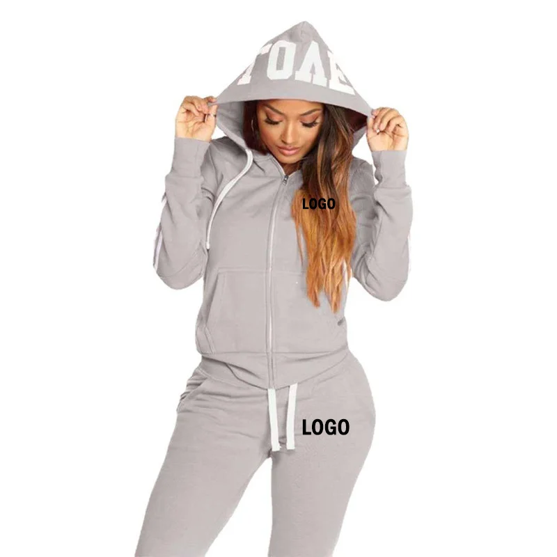 Conjunto de agasalho feminino com logotipo personalizado, 2 peças, com capuz, primavera, outono, roupas esportivas, jogging, casual, hoodies + calças de moletom, 2 peças