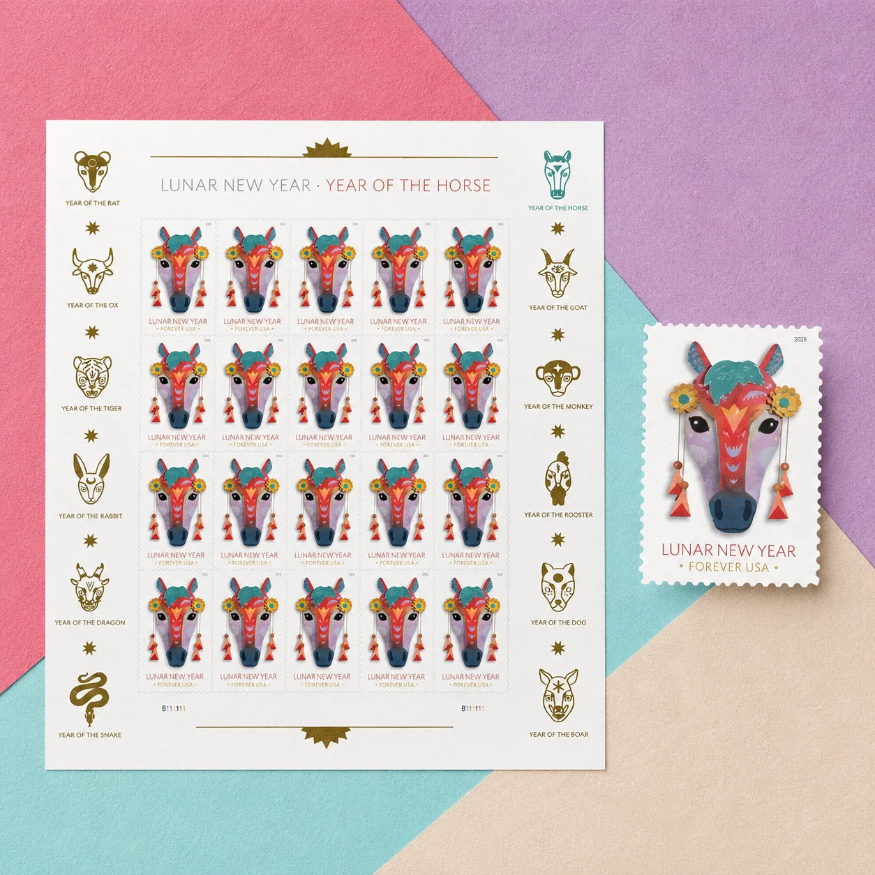 

100PCS Lunar New Year Horse Stamp Style Stickers Chinese Zodiac Self Adhesive Labels for Scrapbook Envelope DIY Decoration
