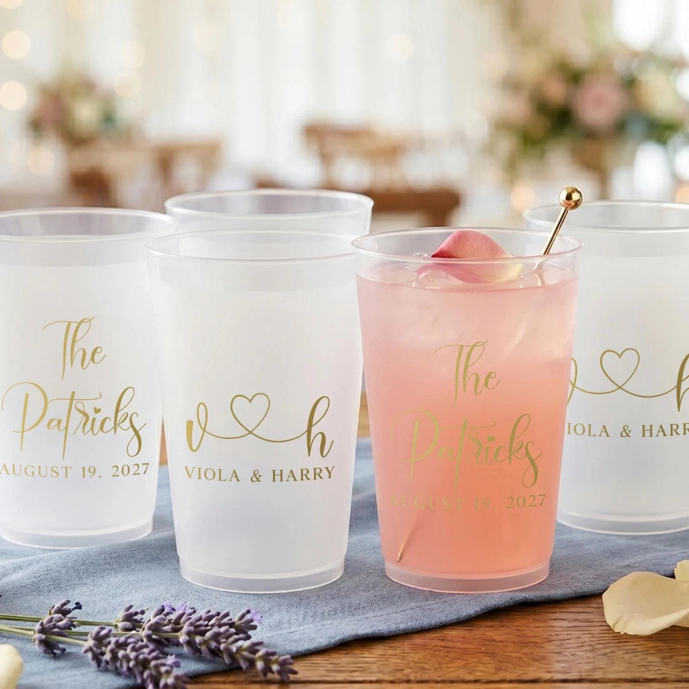 Custom Monogram Wedding Frosted Plastic Cups, Initial Reusable Drink Tumblers for Bridal Shower Bachelorette and Wedding Table.