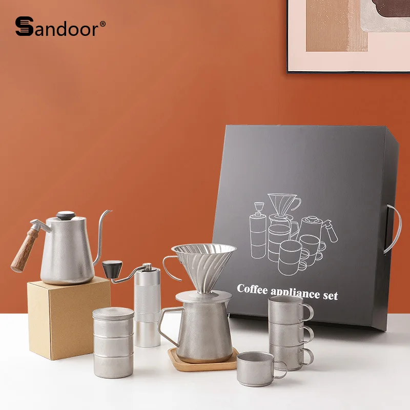 304 Outdoor Hand Brewed Coffee Pot Gift Box Set Filter Cup Sharing Pot Coffee Utensils Retro Style Camping Gift Set