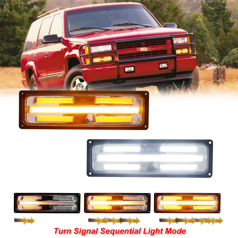 For GMC Chevy C/K 1500/2500/3500 Truck Front Bumper Sequential Amber Turn Signals Lights Assembly  White LED as DRL 88-98