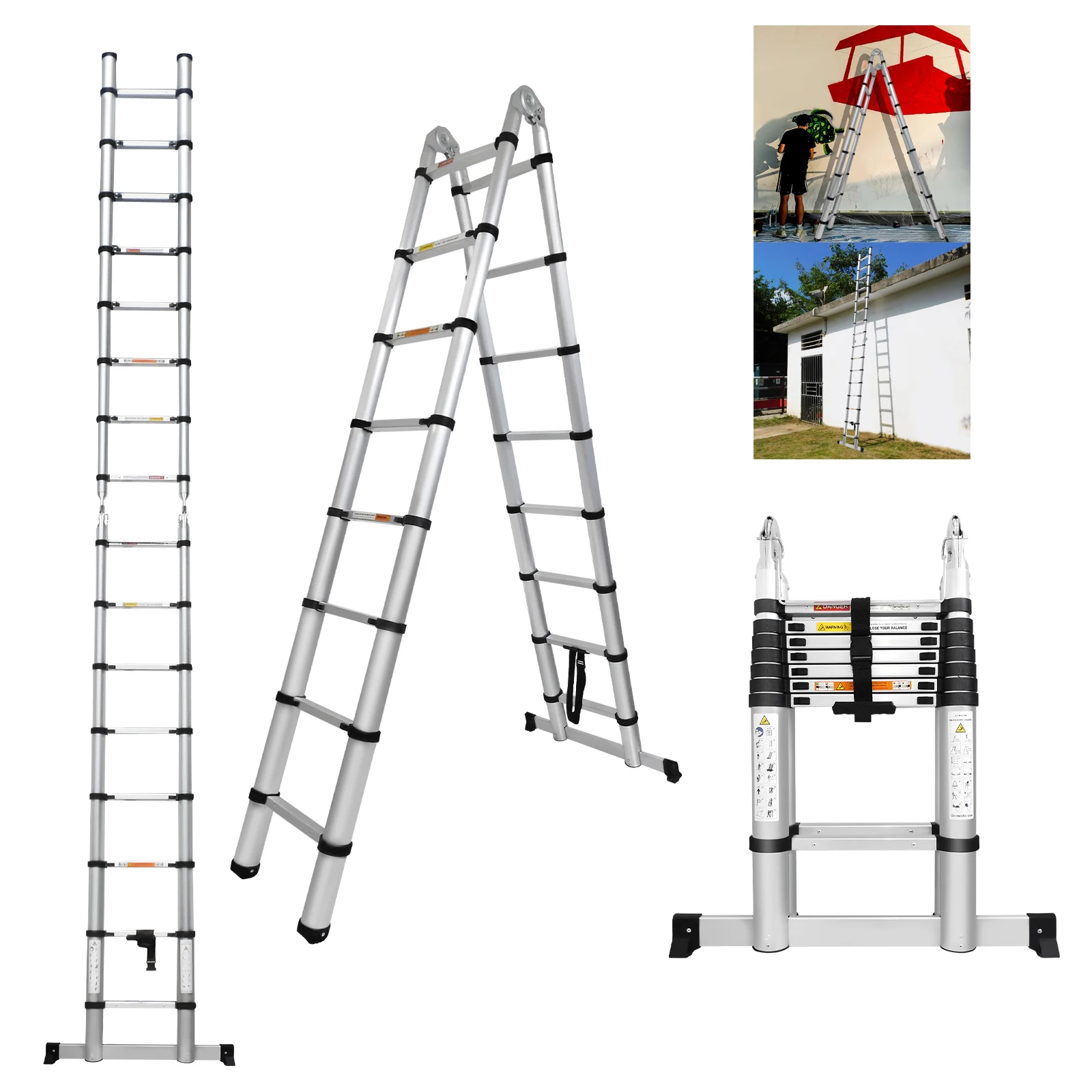 Escalera Telescópica de Aluminio de 3.8M/5M, Escalera Plegable Resistente Multiusos Tipo A, Antideslizante, Capacidad de Carga de 150 kg