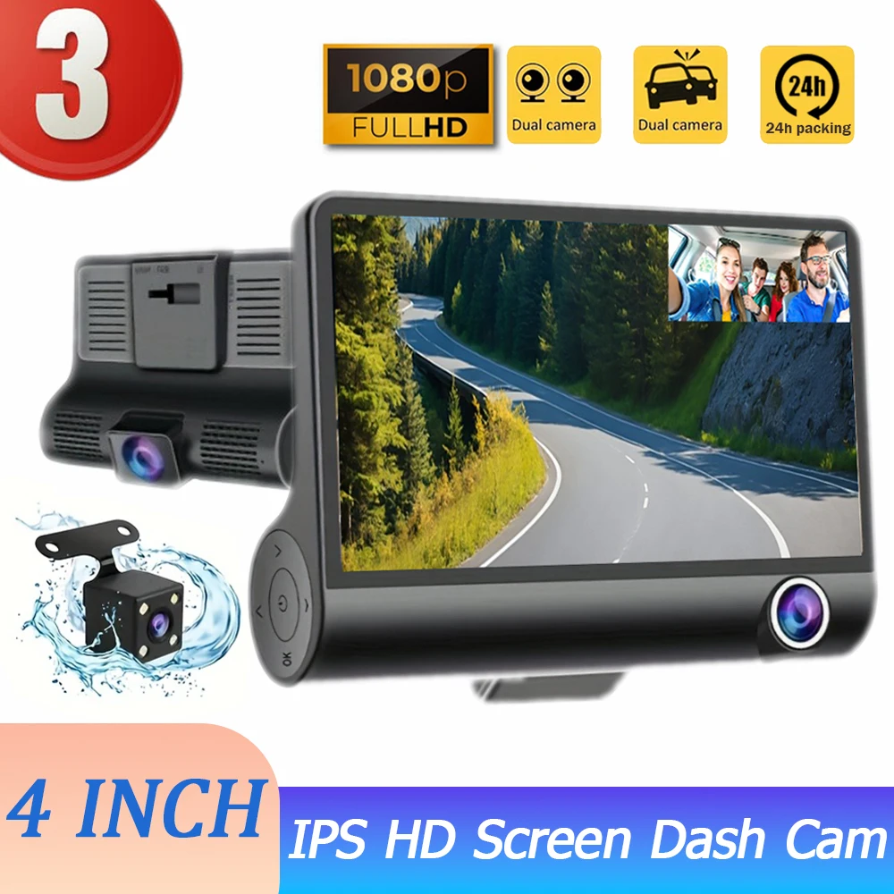 Dashcam Full HD 3-Channel Video Recorder for Front Cabin And Rear Night Vision WDR G-Sensor Motion Detection Rear View Camera