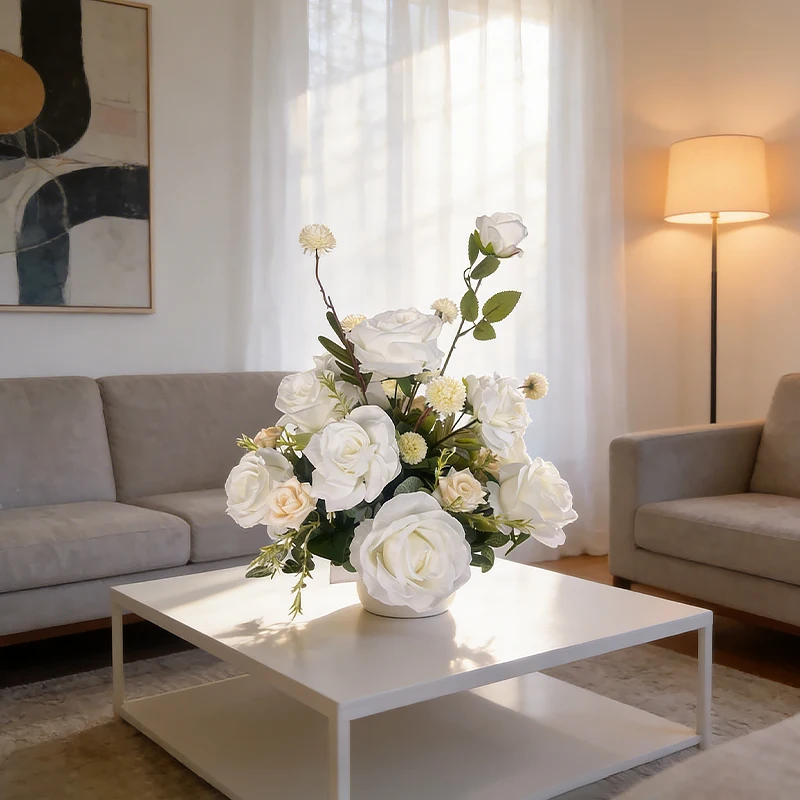 

White Artificial Rose Bouquet 41-43cm Fake Silk Flower Arrangement for Wedding Party Home Decor Bridal Centerpieces with Pompons