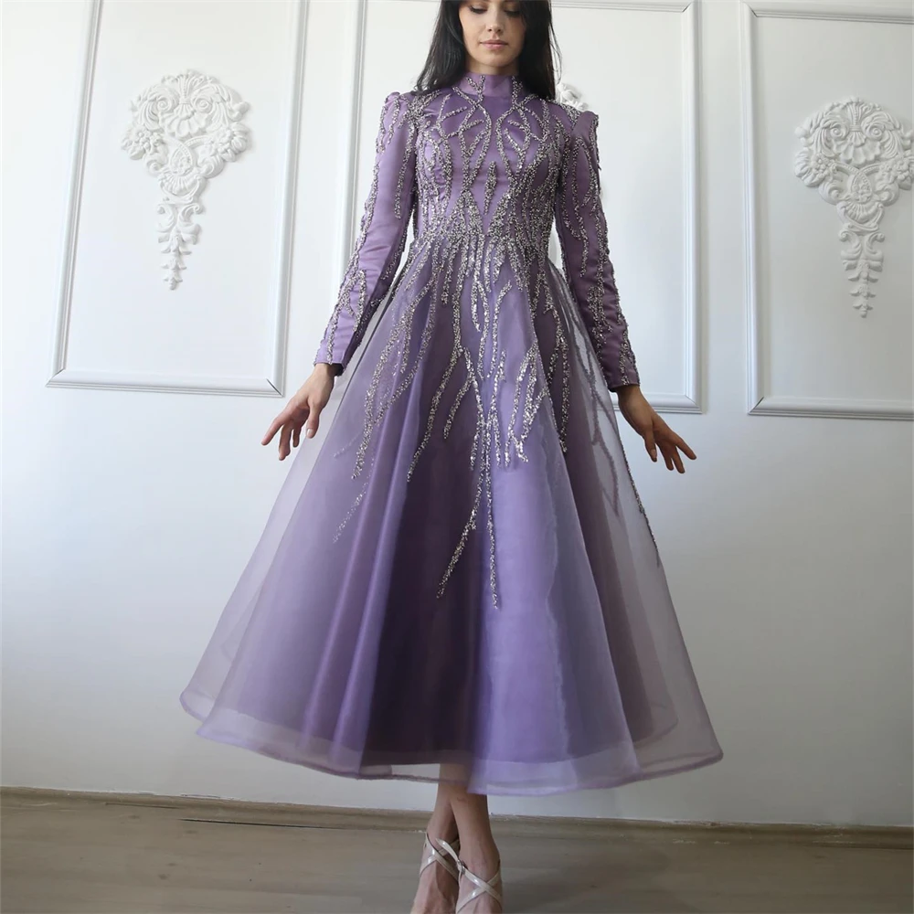 15879# Arabic Long Sleeves High Neck Sequined Beaded Lace A-line Muslim Hijab Evening Dress Islamic Prom Gown Women Customized