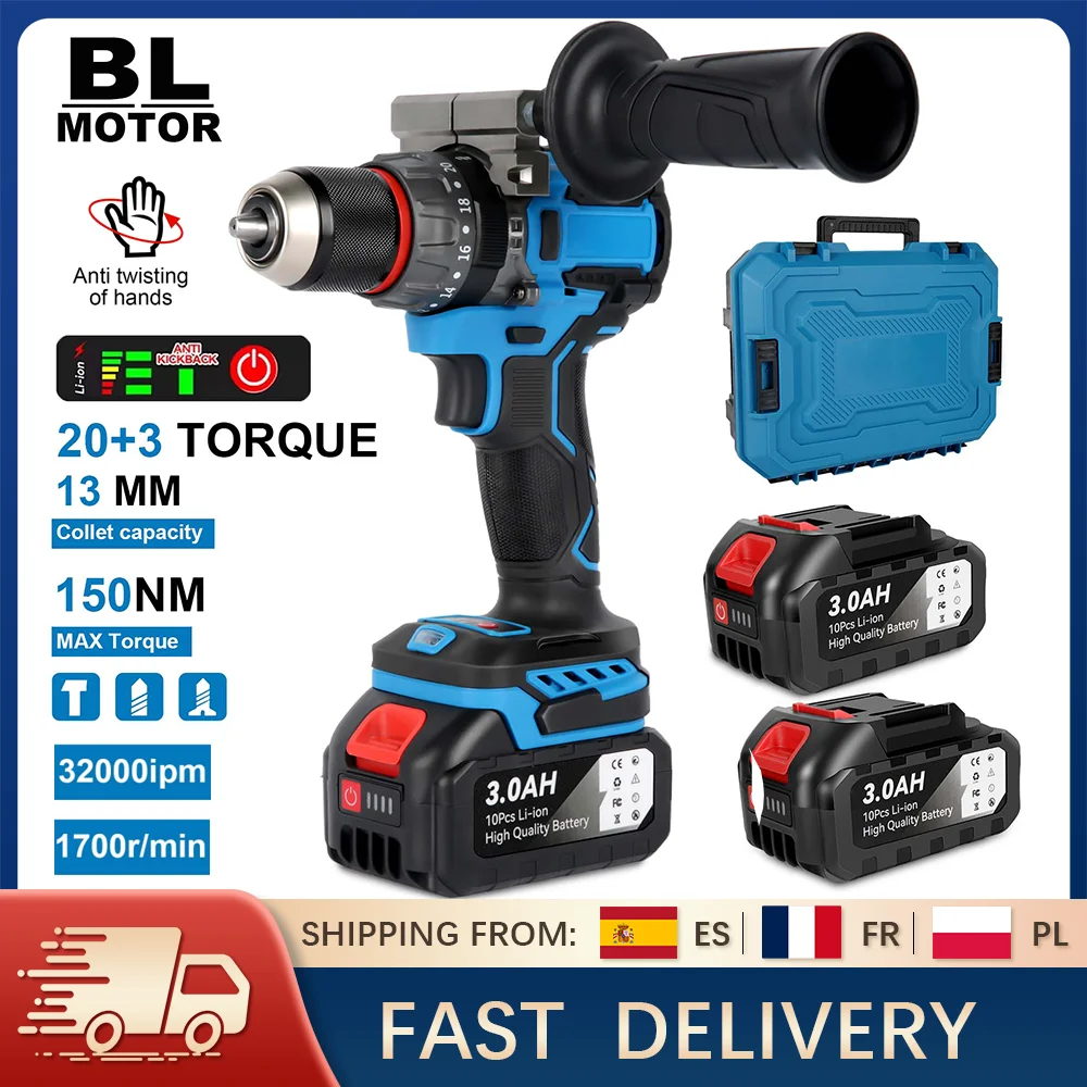 Trapano elettrico senza spazzole 18V 150N.m Martello/vite/trapano a batteria 3in1 20 + 3 velocità 3000mAh Luce LED 1700 giri/min per batteria Makita 20V