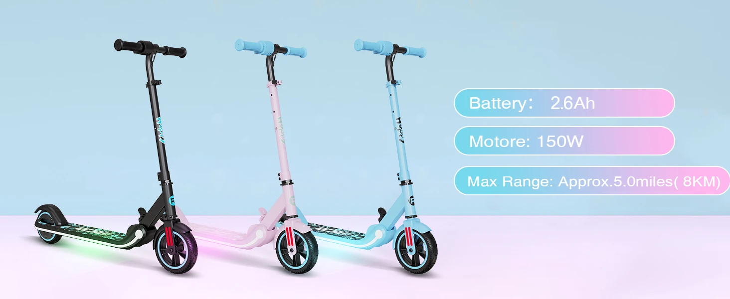 RCB R11 Kids Electric Scooter for Age 6-12, 150W Motor, 3 Speed Modes up to 9.9 mph & 5 Miles Range, 7"/6" Solid Tyres, LED Lights & Display, Bluetooth Speaker, Foldable 6.65kg, CE Certified