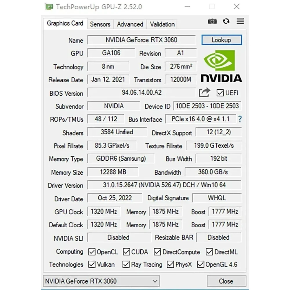 MLLSE-NVIDIA Placa de vídeo GeForce, RTX 3060, 12 GB, GDDR6, 256 bits, PCI Express, 4.0x16, HDMI, Desktop Gaming