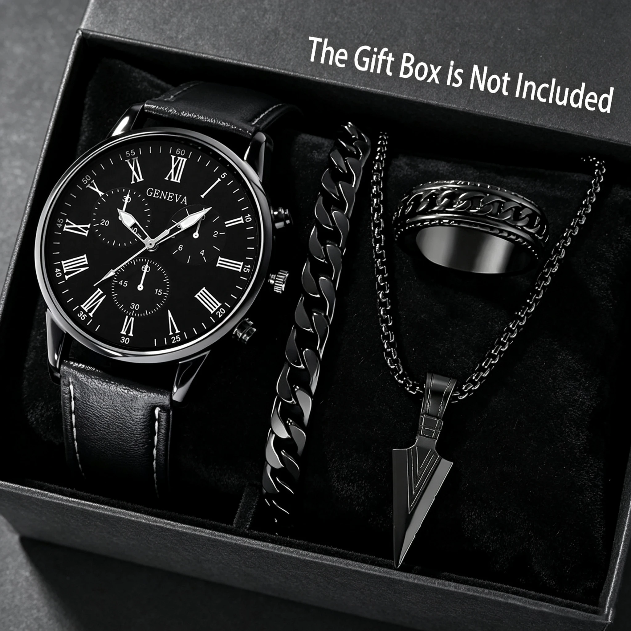 4-Piece Set of New Fashionable Men's Trendy Round Quartz Watches + Pendant Necklace, Ring & Bracelet Jewelry Set, Suitable for Valentine's Day, Easter, Birthday, Christmas Gifts, to Give to Friends, Family, Eid.