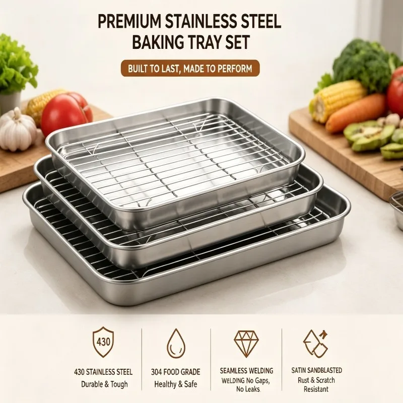 Oven Baking Tray, 430 & 304 Double Layer Stainless Steel, Precision Welding & Sanding Anti-Rust, Ideal for Halloween Dinners and Parties
