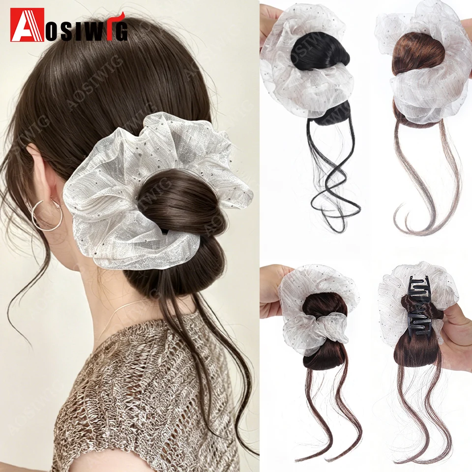 

Synthetic White Rhinestone Organza Claw Clip Hair Bun Heat Resistant Fake Messy Bun Hair Extensions For Women Daily Casual Weddi