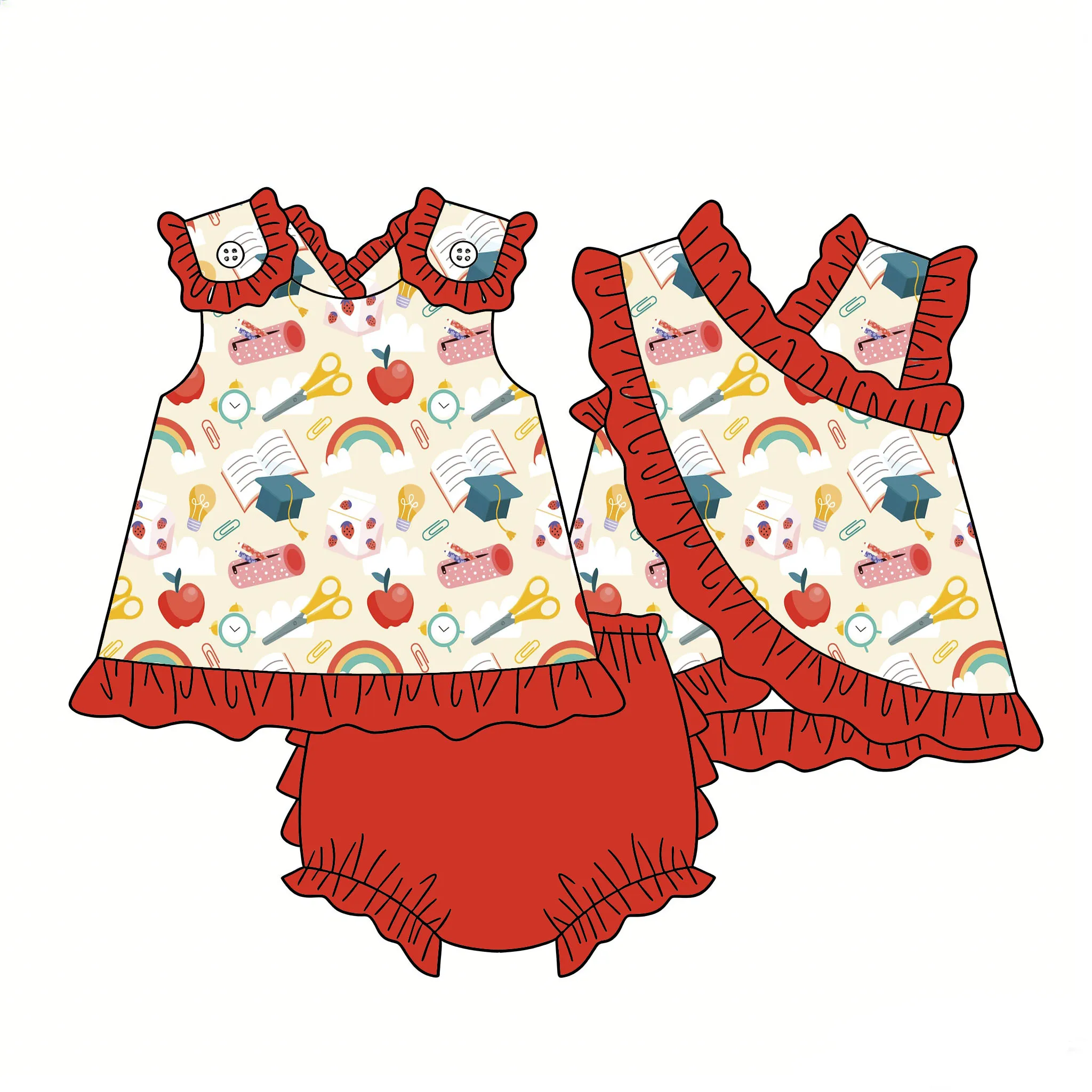 Boutique Children's Set Back to School Ruler Apple and Books Print Best-Selling Top Buttoned Crisscross Back Design Paired Short