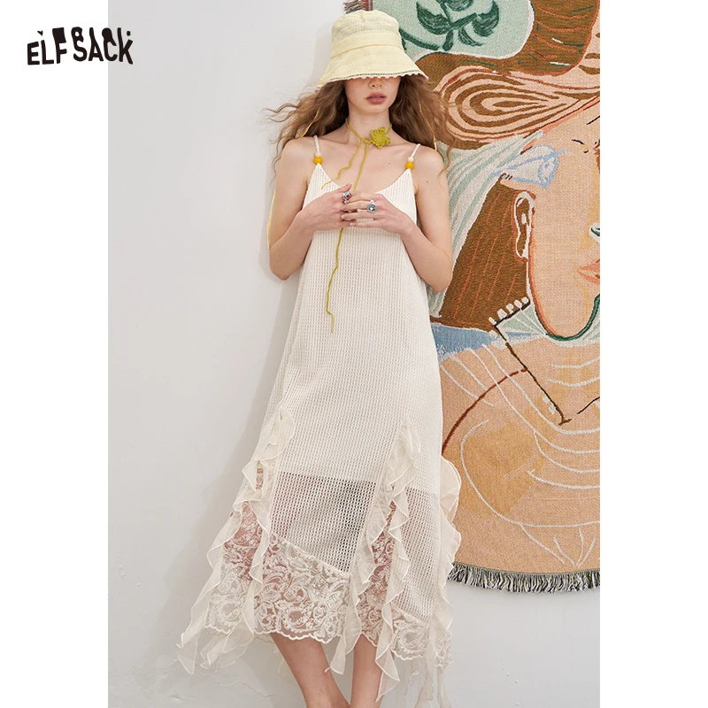 

ELFSACK 2025 Summer New Arrival Elegant Hollow lace mesh splicing dress jacquard halter dress For Woman