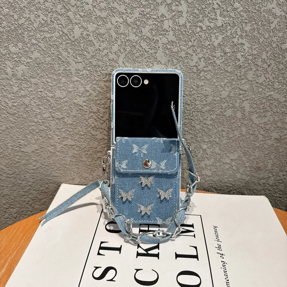 

Fashionable denim flash diamond butterfly card holder mobile phone case,suitable for Samsung Z Flip3/4/5/6/7,new protective case