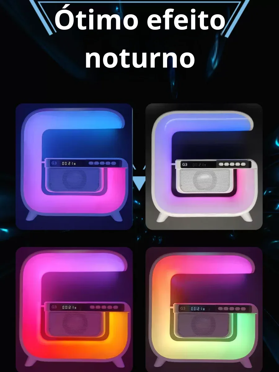 Relógio Despertador Luz RGB Multifuncional 6 em 1 Luzes ajustáveis, Caixa de som, Rádio FM, Recarregador sem fio de celular