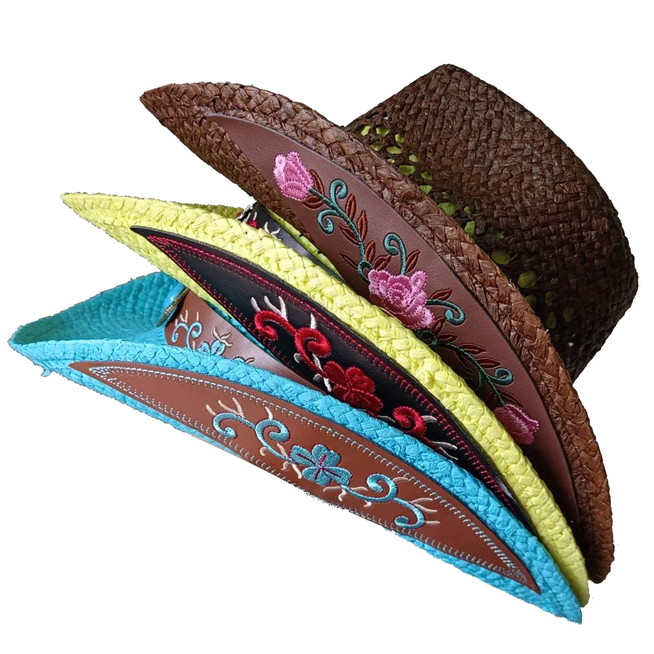 Cytrynowożółty kowbojski słomkowy kapelusz haftowana naklejka 2024 Western Cowboy Sun Hat Spring Knight Hat Summer Wide Brimmed Hat Sombrero — zdjęcie 2