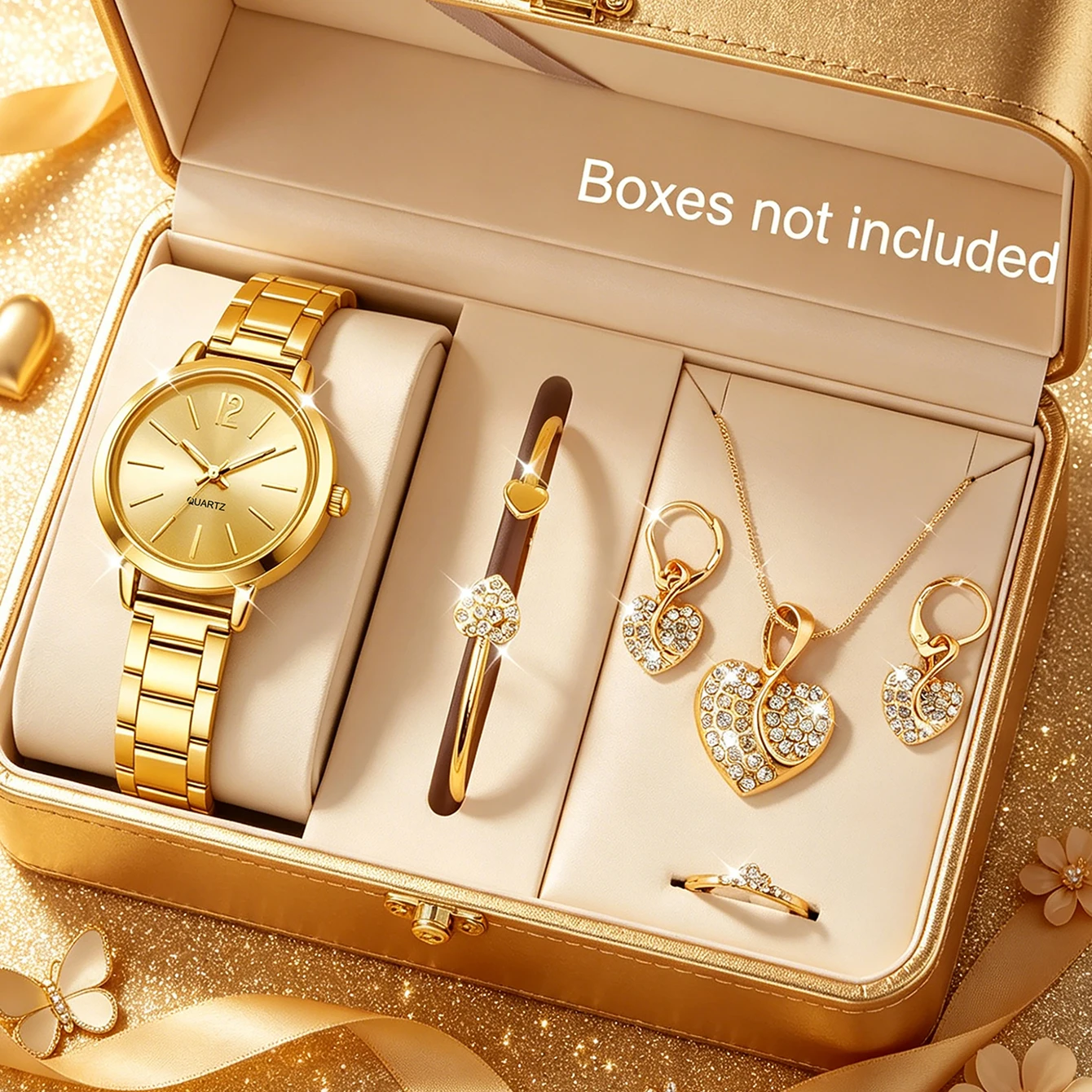 6-Piece Set of Light Luxury and Minimalist Women's Compact Round Watches Paired with a Heart Series Jewelry Set, Suitable for Daily Wear, Couple Watches, the Best Gift for Her