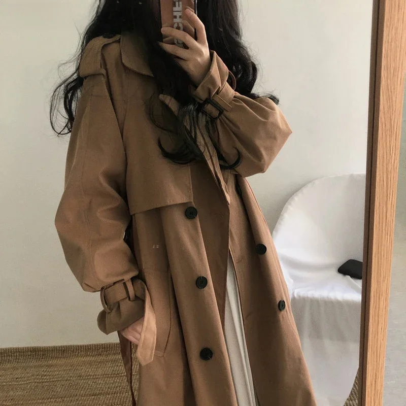 Eleganckie damskie trencz Casual damska długa odzież wierzchnia luźny płaszcz jesienno-zimowa moda dwurzędowy wiatrówka Femme — zdjęcie 2