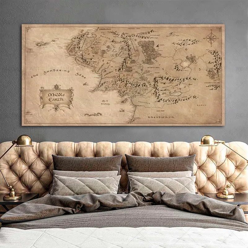 Retro The-Lord-of-Rings Map Canvas Painting Vintage Middle-earth Map Poster Movie Wall Art Pictures for Home Living Room Decor