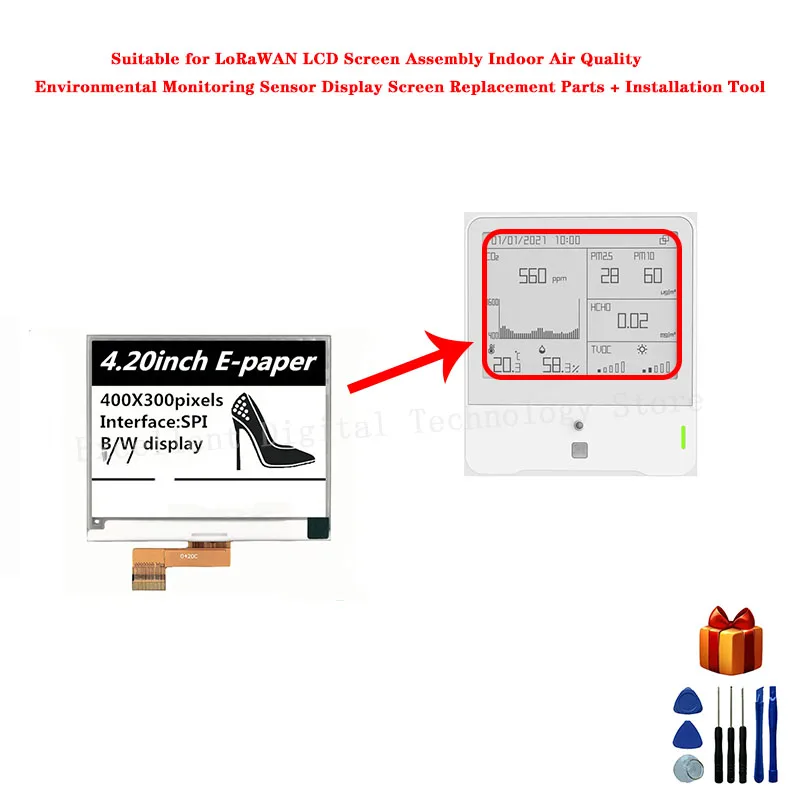 For LoRaWAN LCD Screen Assembly Indoor Air Quality Environmental Monitoring Sensor Display Screen Replacement Parts + Tool