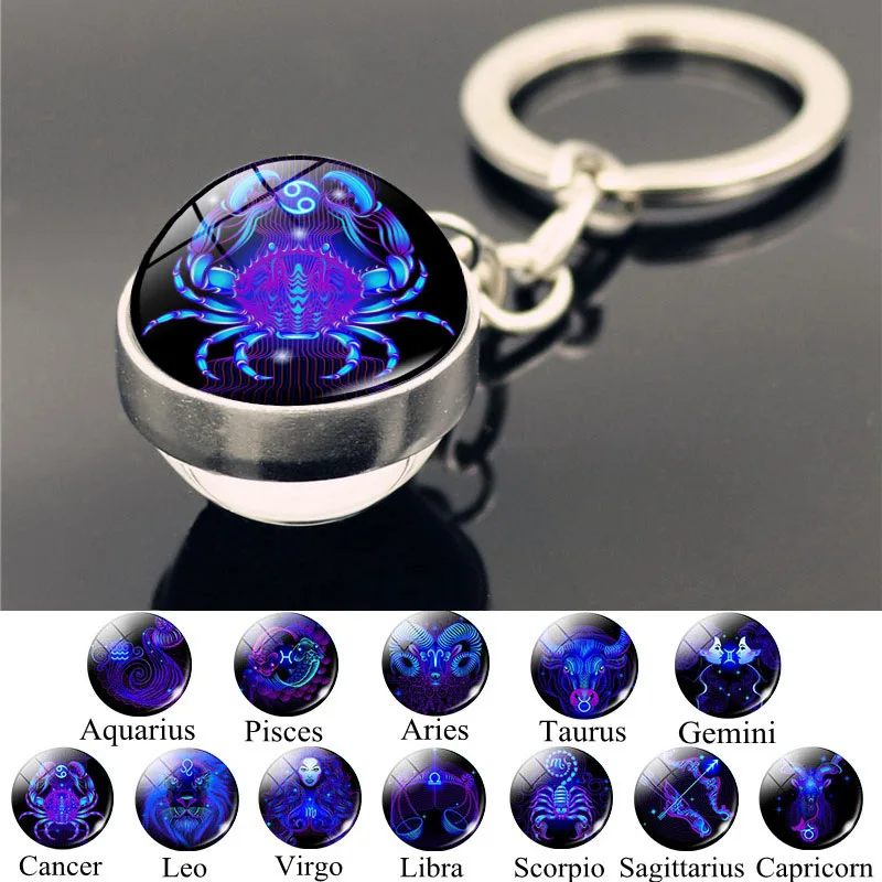 Men and Women Dreamy Blue Crystal Ball Keychains 12 Zodiac Signs Glass Pendants for Bags Holder Keyring Creative Couple Gifts