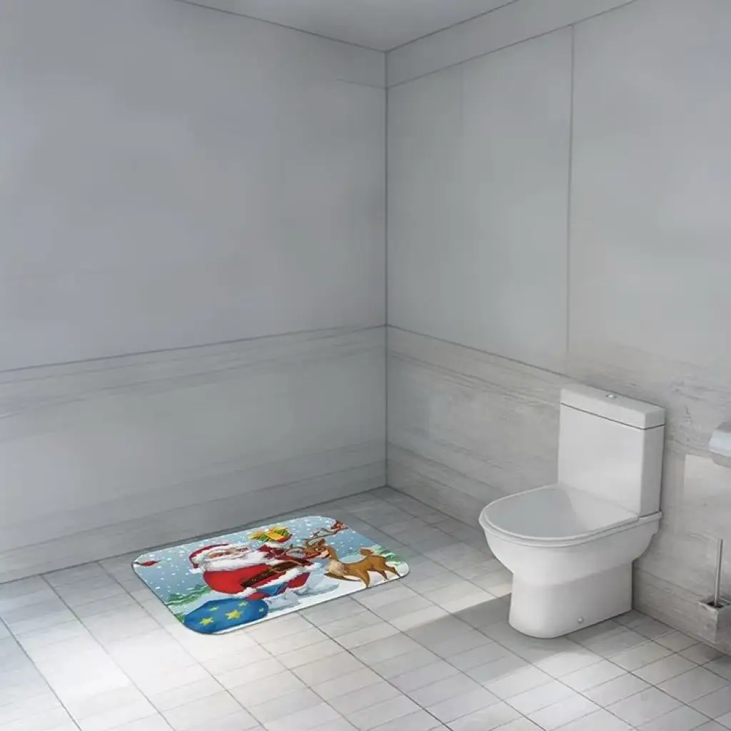 Santa Claus Reindeer Christmas Bath Mat, Cartoon Snowy Holiday Print Non Slip Absorbent Floor Rug, Soft Flannel Bathroom Doormat For Xmas Home Shower Room Decoration