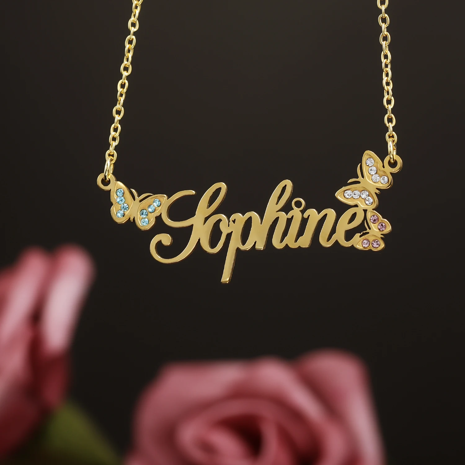 

Multicolor Dot Diamond Butterfly Customized Name Necklace Horizontal Personalized Pendant Daily Women's Accessories Girl Gift