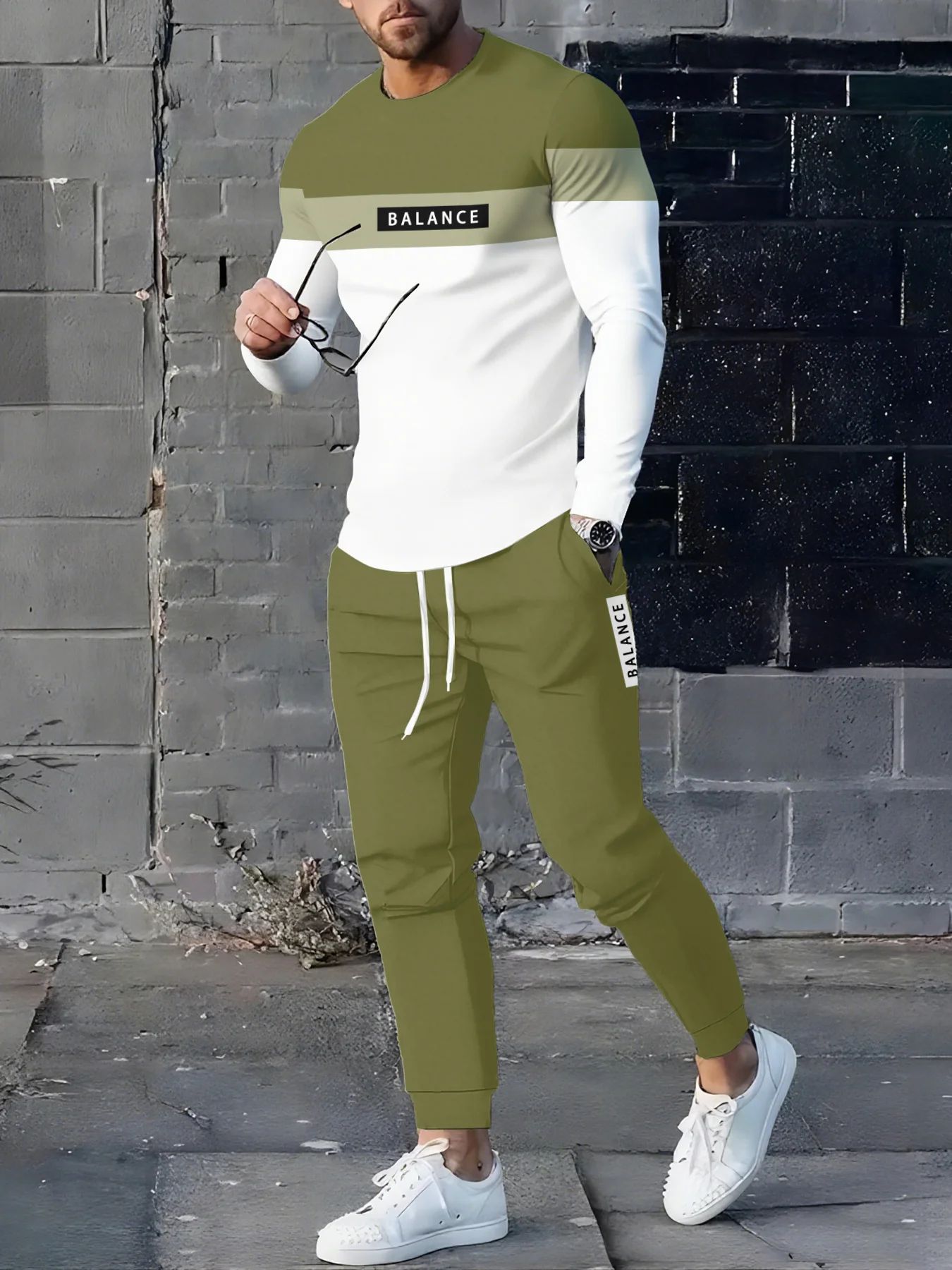 

3D Letter Printed Long Sleeved T-shirt And Pants Set For Daily Versatile Casual Round Neck Long Sleeved Men's Sports Suit