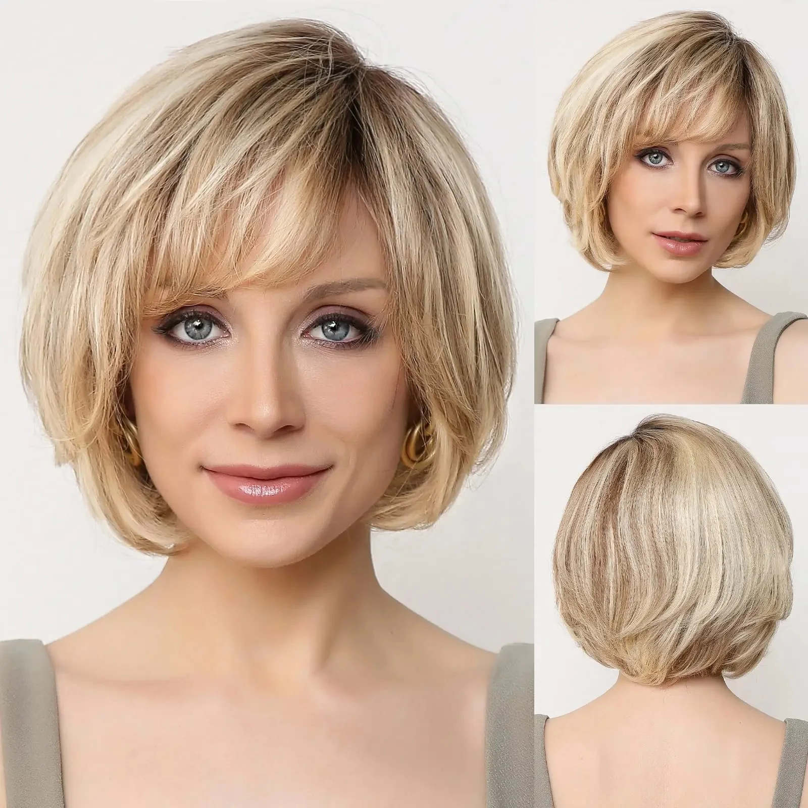 Kurze gerade blonde braune Echthaar-Perücken mit Spitzenfront und Pony für Frauen, 100 % Remy-Echthaar, Bob, natürliche gewellte, geschichtete Perücken