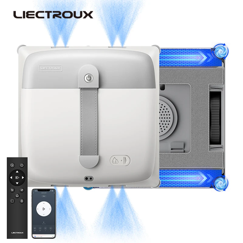 Fensterputzroboter Liectroux G9, 2 Vibrierende Bionikarme, 8-fache Wasserpumpen-Sprühfunktion, 10KPa Saugleistung, Brushless-Motor, Rahmenlos, 8 Mikroschalter, App- & Fernbedienung, Sprachansagen